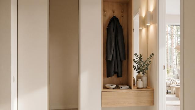 Прихожая со встроенным шкафом, бронзовым зеркалом и открытой нишей из дуба